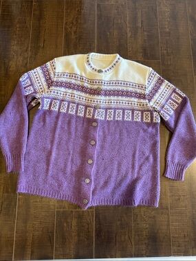 Purple and White Fair Isle Button-Front Women's Sweater